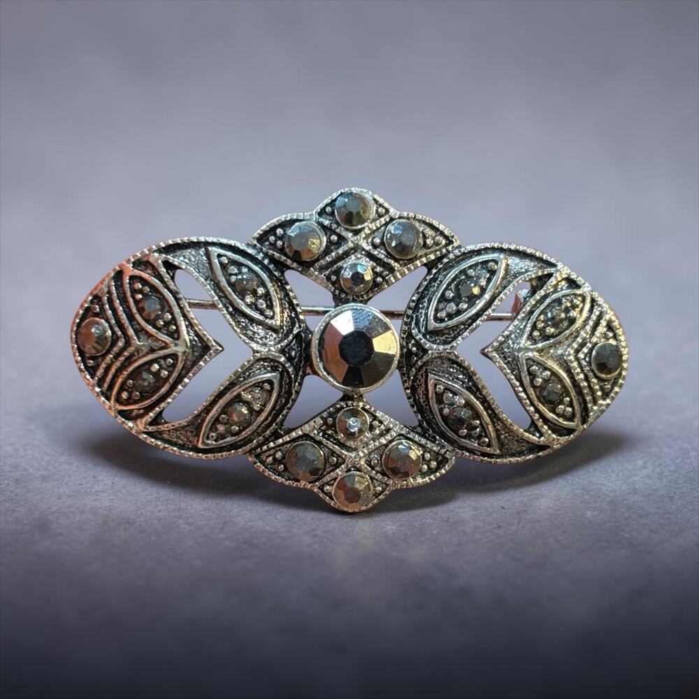 Vintage Art Deco Revival Brooch Silver Tone Black Rhinestone Geometric Pin